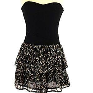 MINK PINK Black Velvet Strapless Gold Blingy Ruffled Skirt Dress